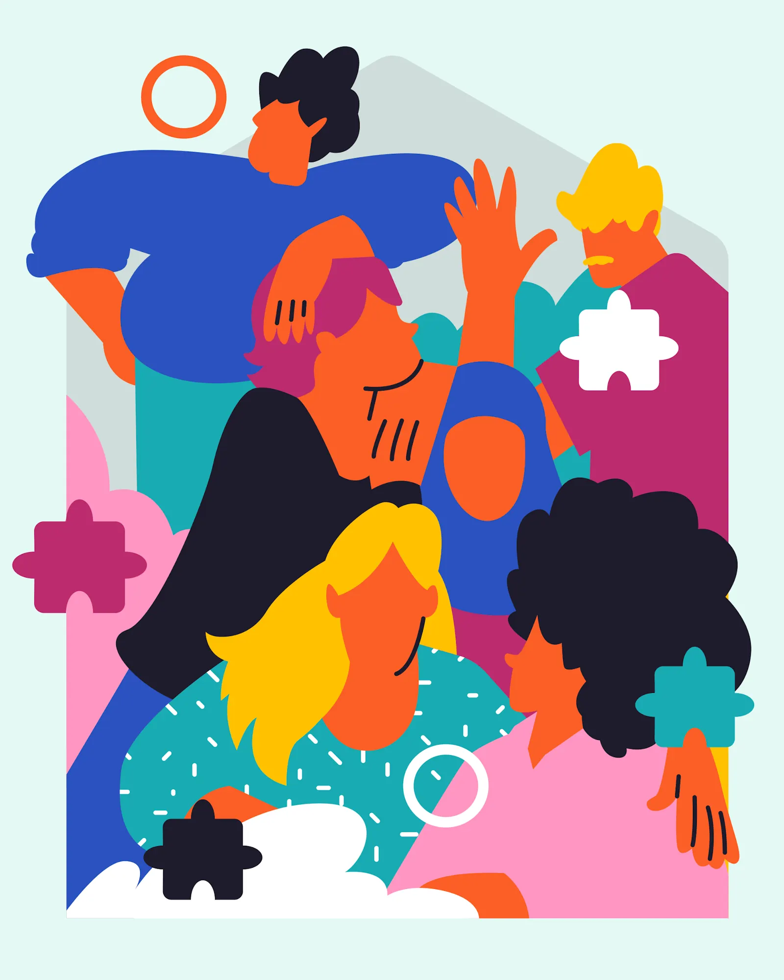 Ilustração de um grupo de pessoas diversas com peças de puzzle